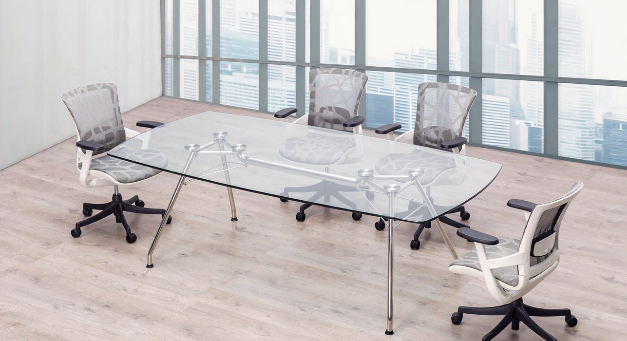 Mesa de Juntas de Cristal Divetro con Estructura de Acero Inoxidable Cromado